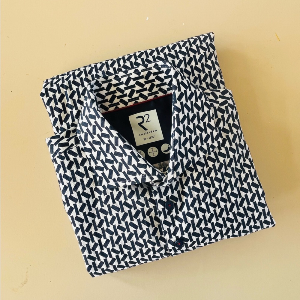 R2 Amsterdam blue white print button down stretch shirt